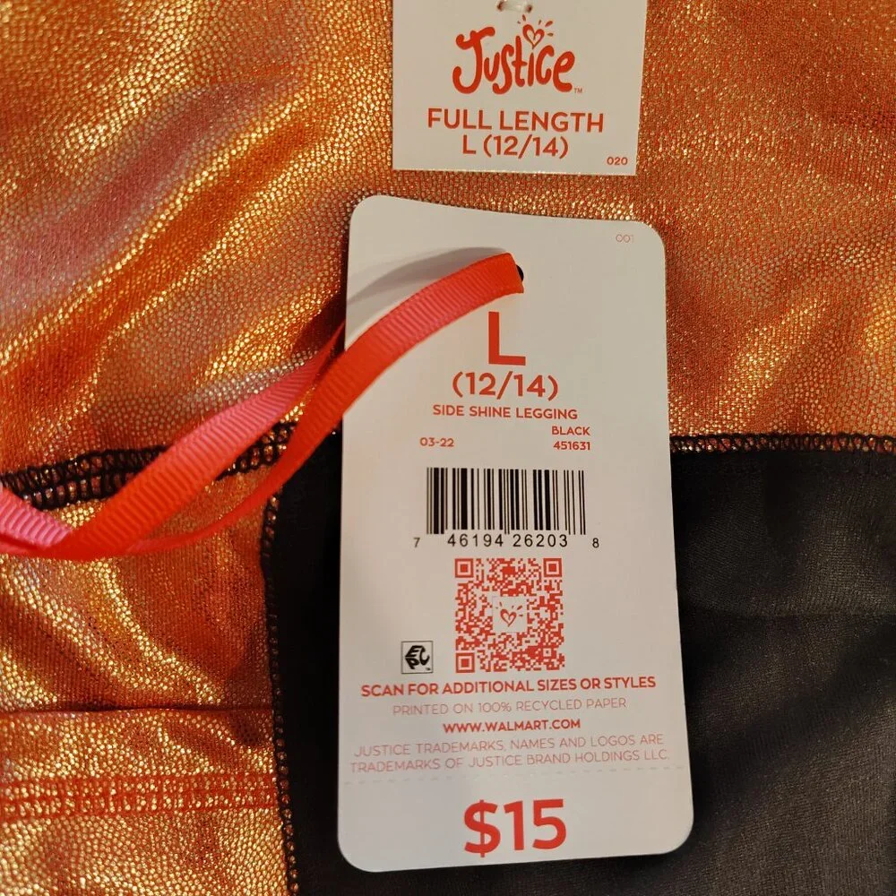 Justice girls side shine leggings in pink and black (size L)